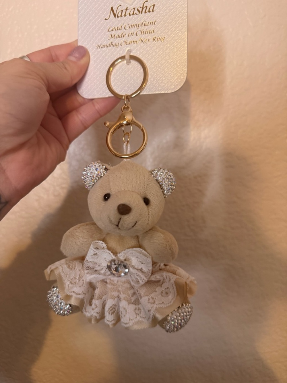 Natasha Beige Teddy Bear Rhinestone Keychain